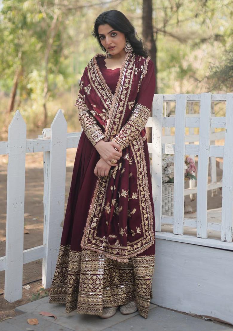 Dark Maroon Sequin Embroidered Vichitra Shimmer Gown With Dupatta