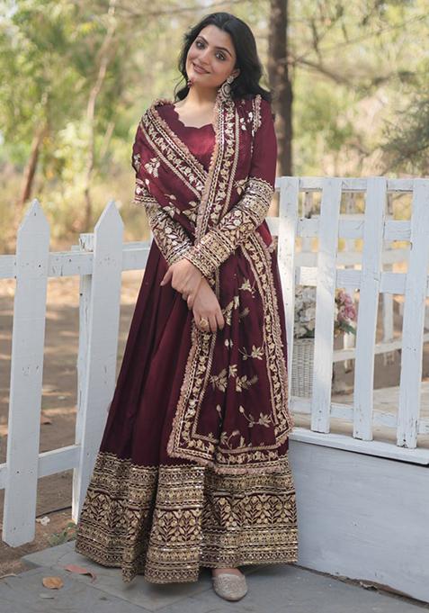 Dark Maroon Sequin Embroidered Vichitra Shimmer Gown With Dupatta