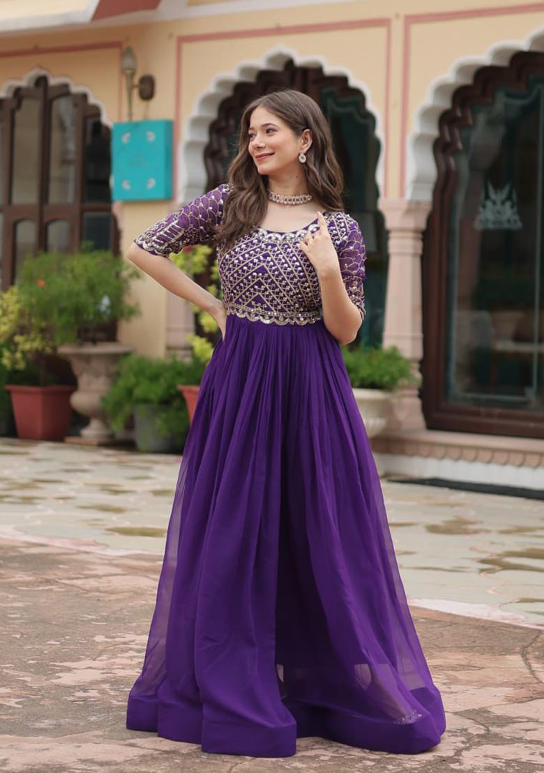 Purple Zari Sequin Embroidered Faux Blooming Gown