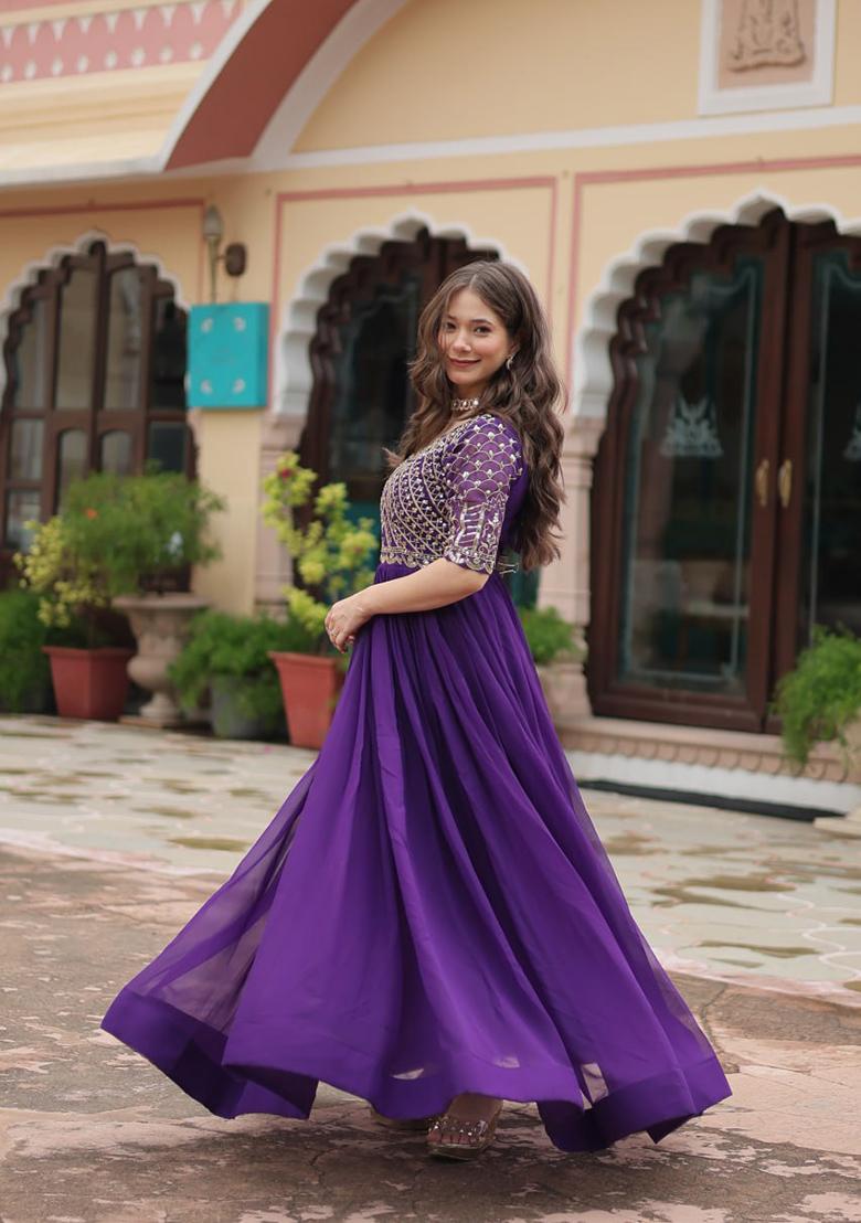 Purple Zari Sequin Embroidered Faux Blooming Gown