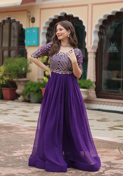 Purple Zari Sequin Embroidered Faux Blooming Gown