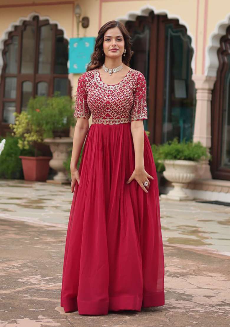 Pink Zari Sequin Embroidered Faux Blooming Gown - Indya