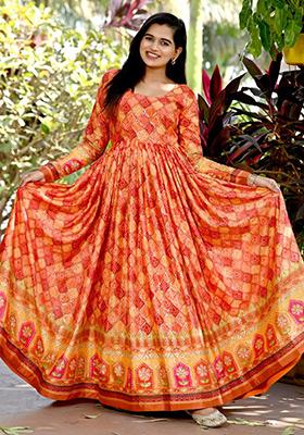 Orange Sequin Position Printed Chinon Gown