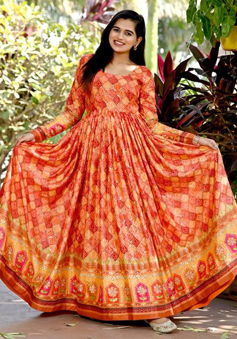 Orange Sequin Position Printed Chinon Gown