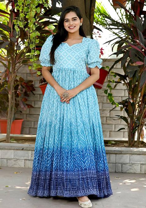 Blue Digital Bandhej Printed Muslin Crochet Gown