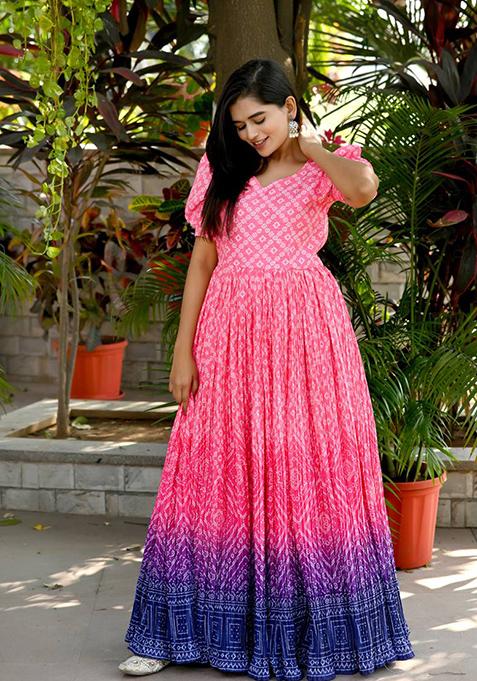 Pink Digital Bandhej Printed Muslin Crochet Gown