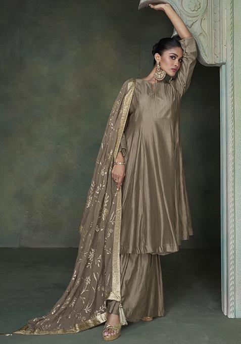 Beige Embroidered Silk Kurta Set