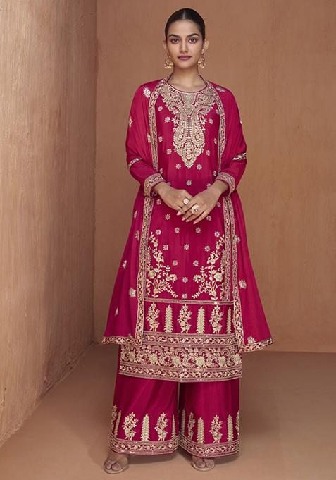 Pink Embroidered Chinon Kurta Set