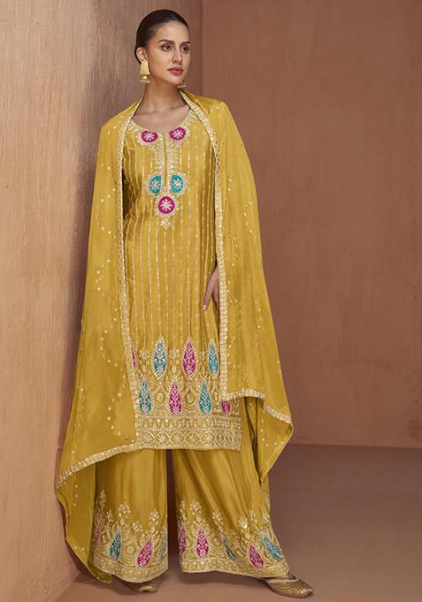 Yellow Embroidered Chinon Kurta Set