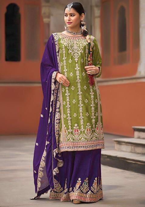 Mehendi Embroidered Chinon Kurta Set