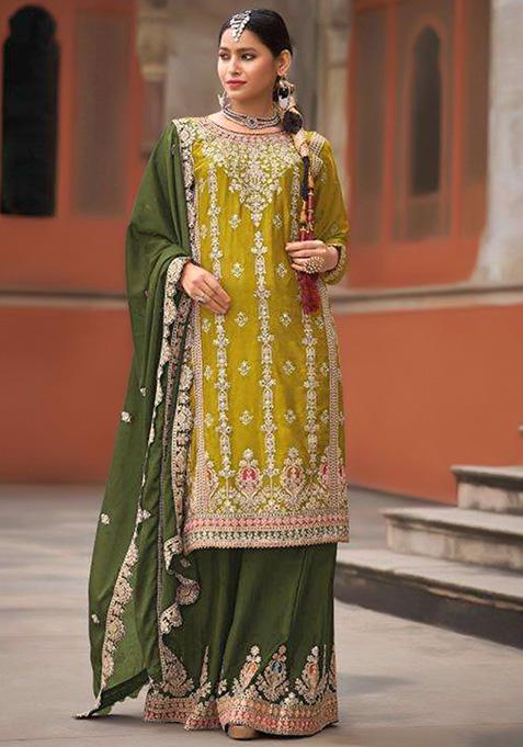 Light Green Embroidered Chinon Kurta Set