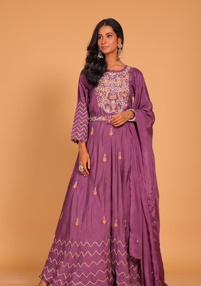 Multicolour Embroidered Pure Silk Anarkali Gown Set