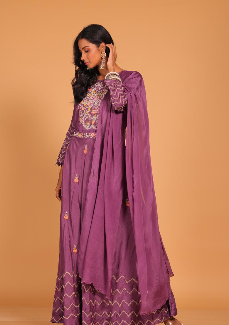 Multicolour Embroidered Pure Silk Anarkali Gown Set