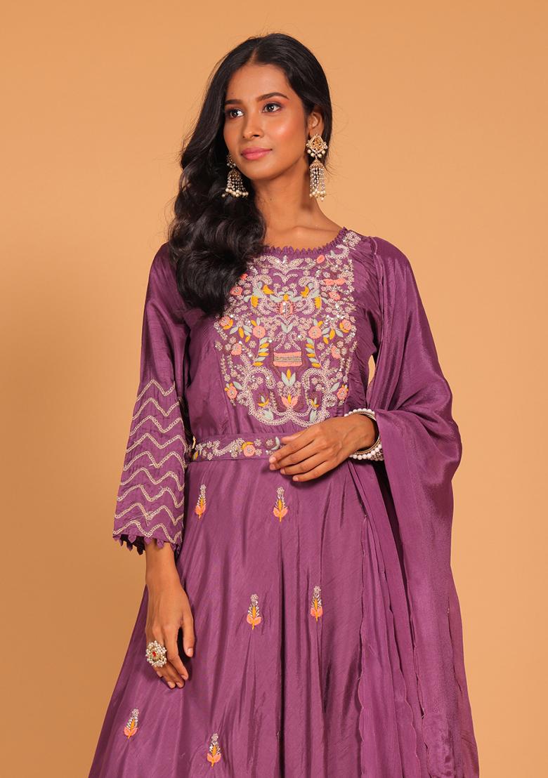 Multicolour Embroidered Pure Silk Anarkali Gown Set