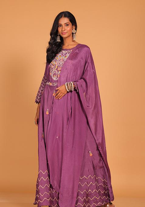 Multicolour Embroidered Pure Silk Anarkali Gown Set