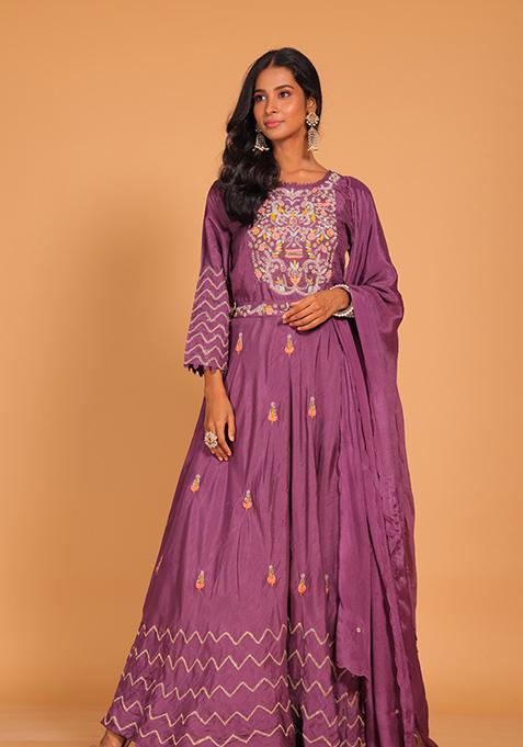 Multicolour Embroidered Pure Silk Anarkali Gown Set