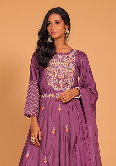 Multicolour Embroidered Pure Silk Anarkali Gown Set