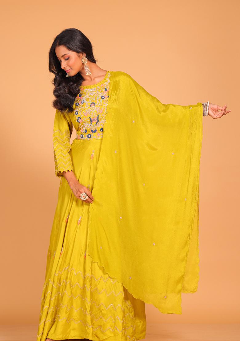 Yellow Embroidered Pure Silk Anarkali Gown Set