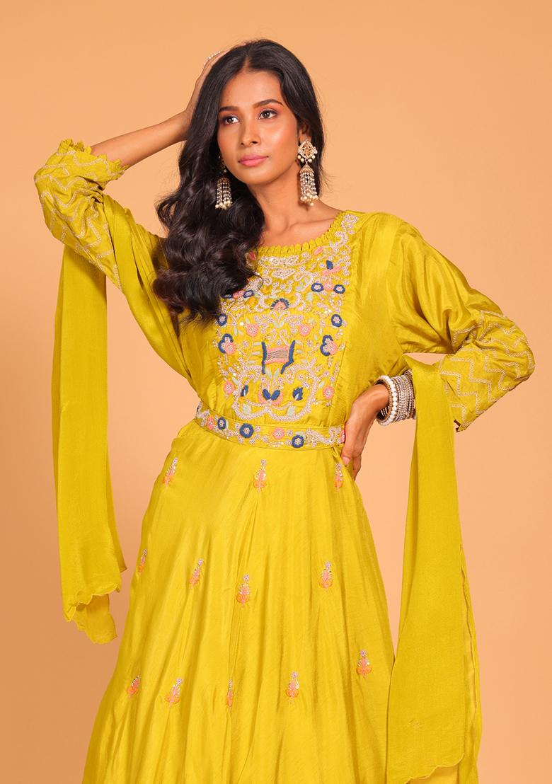 Yellow Embroidered Pure Silk Anarkali Gown Set