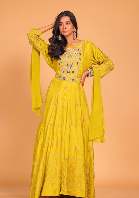 Yellow Embroidered Pure Silk Anarkali Gown Set