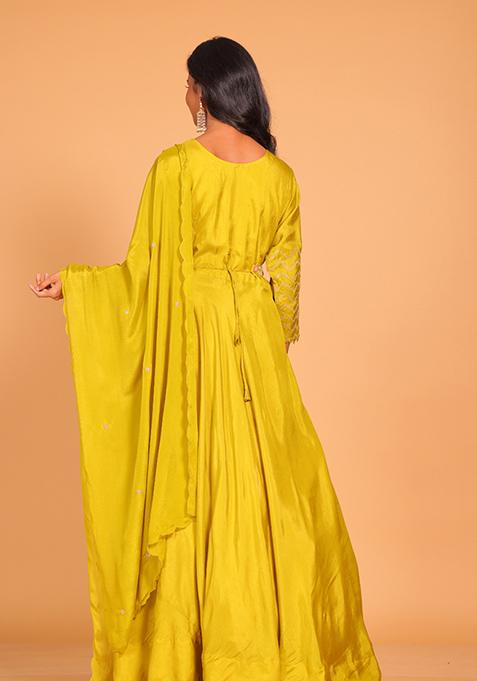 Yellow Embroidered Pure Silk Anarkali Gown Set