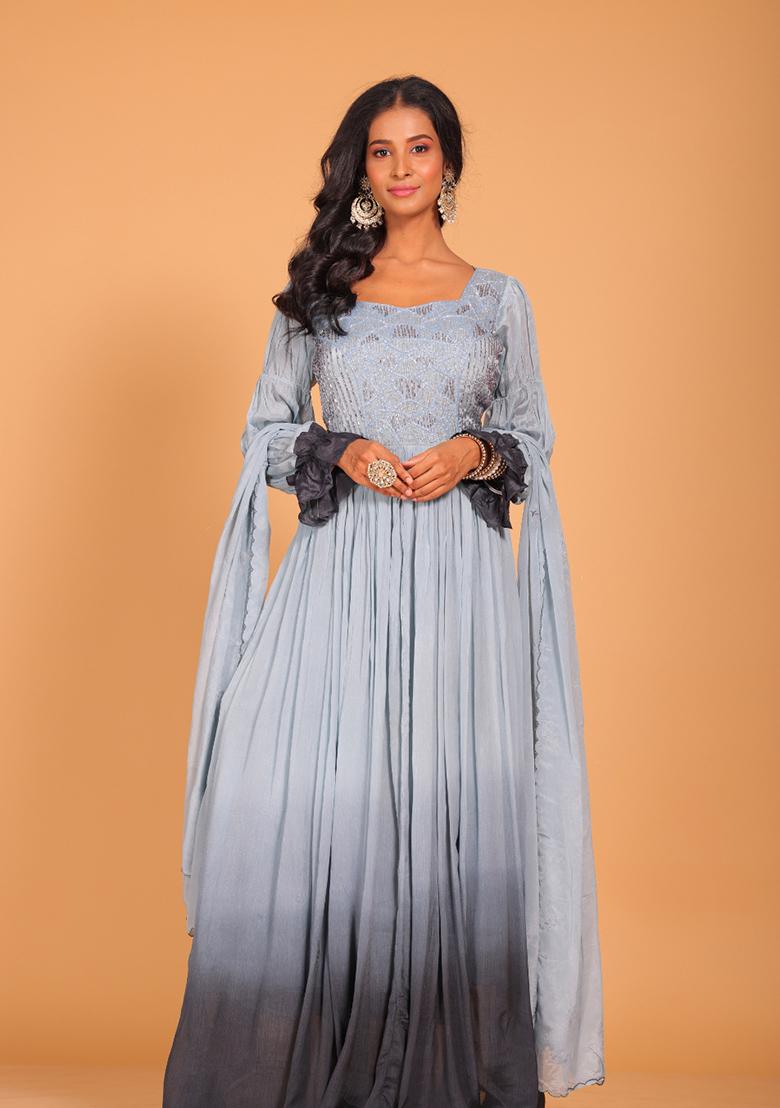 Multicolour Embroidered Pure Silk Anarkali Gown Set