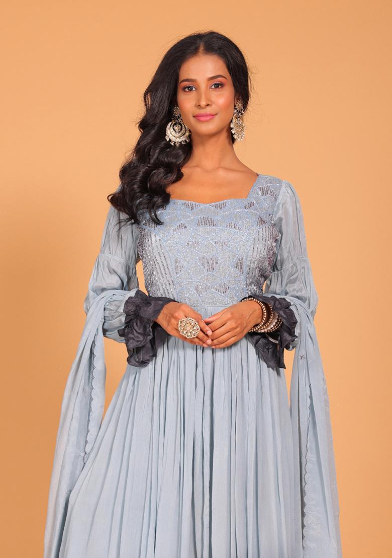 Multicolour Embroidered Pure Silk Anarkali Gown Set