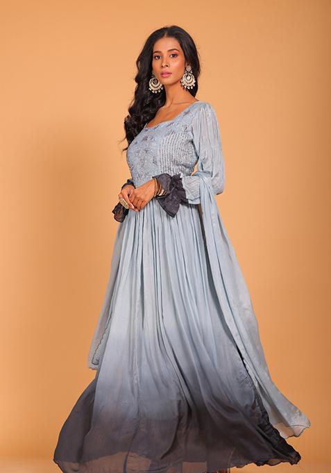 Multicolour Embroidered Pure Silk Anarkali Gown Set