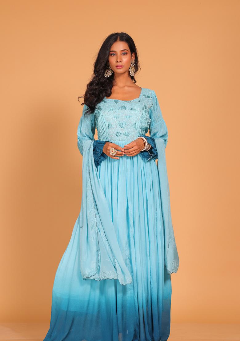 Multicolour Embroidered Pure Silk Anarkali Gown Set