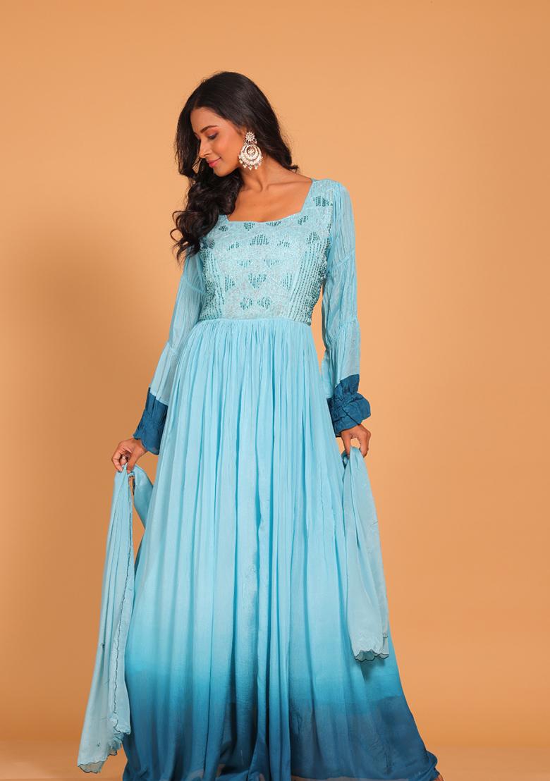 Multicolour Embroidered Pure Silk Anarkali Gown Set