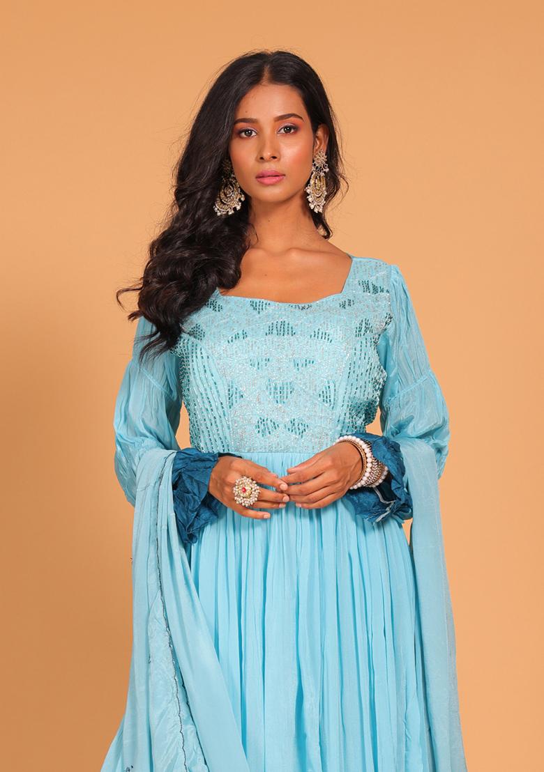 Multicolour Embroidered Pure Silk Anarkali Gown Set