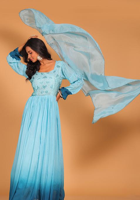 Multicolour Embroidered Pure Silk Anarkali Gown Set