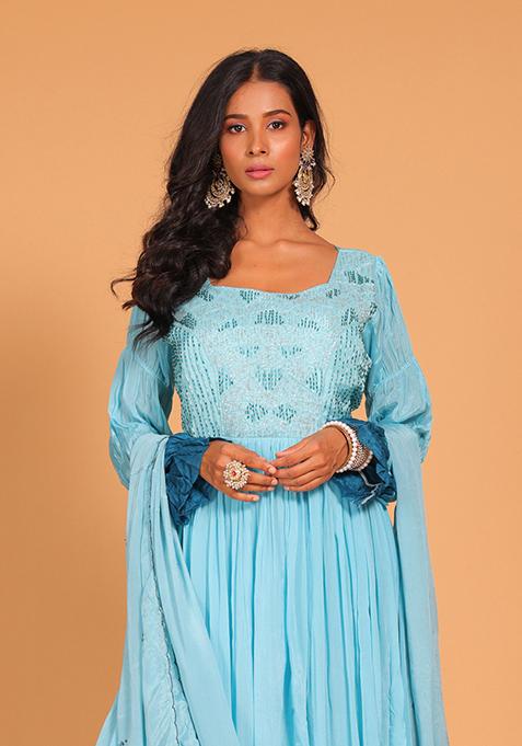 Multicolour Embroidered Pure Silk Anarkali Gown Set