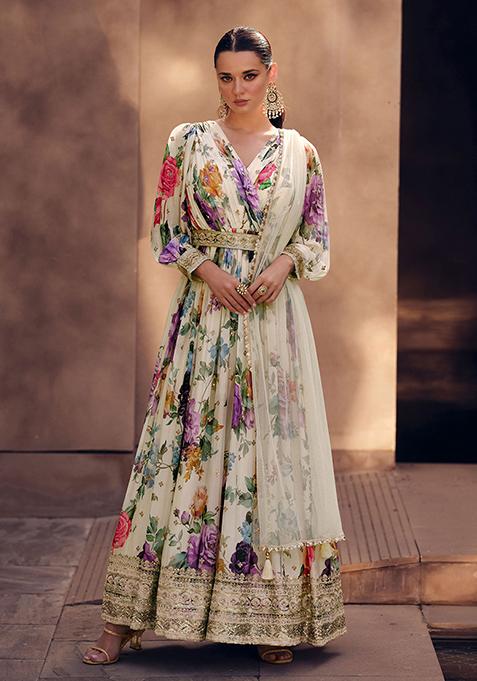 Off White Embroidered Georgette Kurta Set