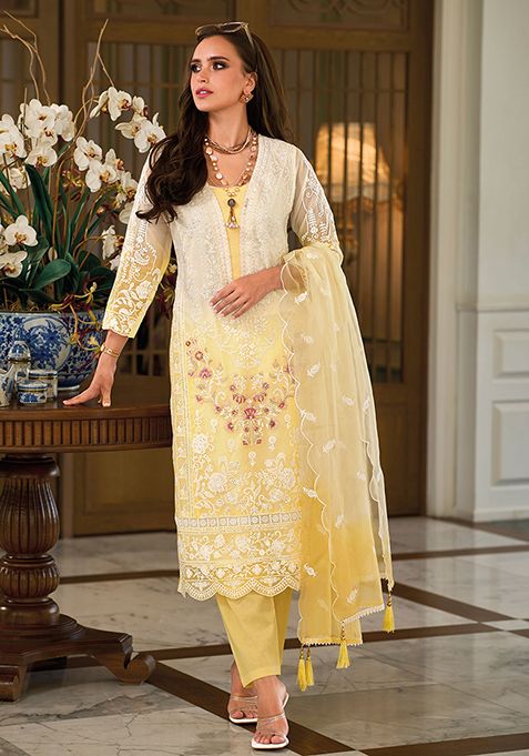 Yellow Embroidered Organza Kurta Set