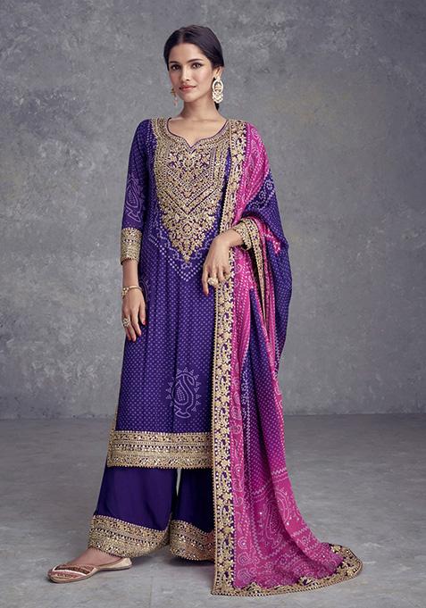 Purple Embroidered Chinon Kurta Set