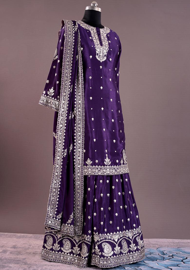 Purple Embroidered Chinon Kurta Set