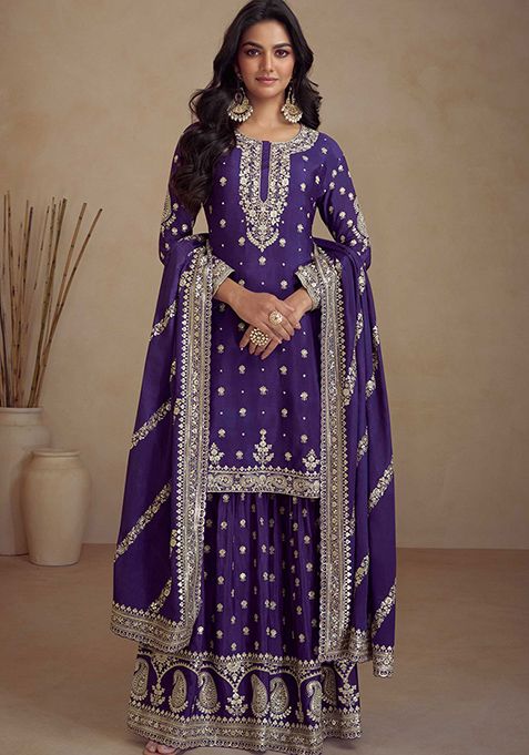 Purple Embroidered Chinon Kurta Set