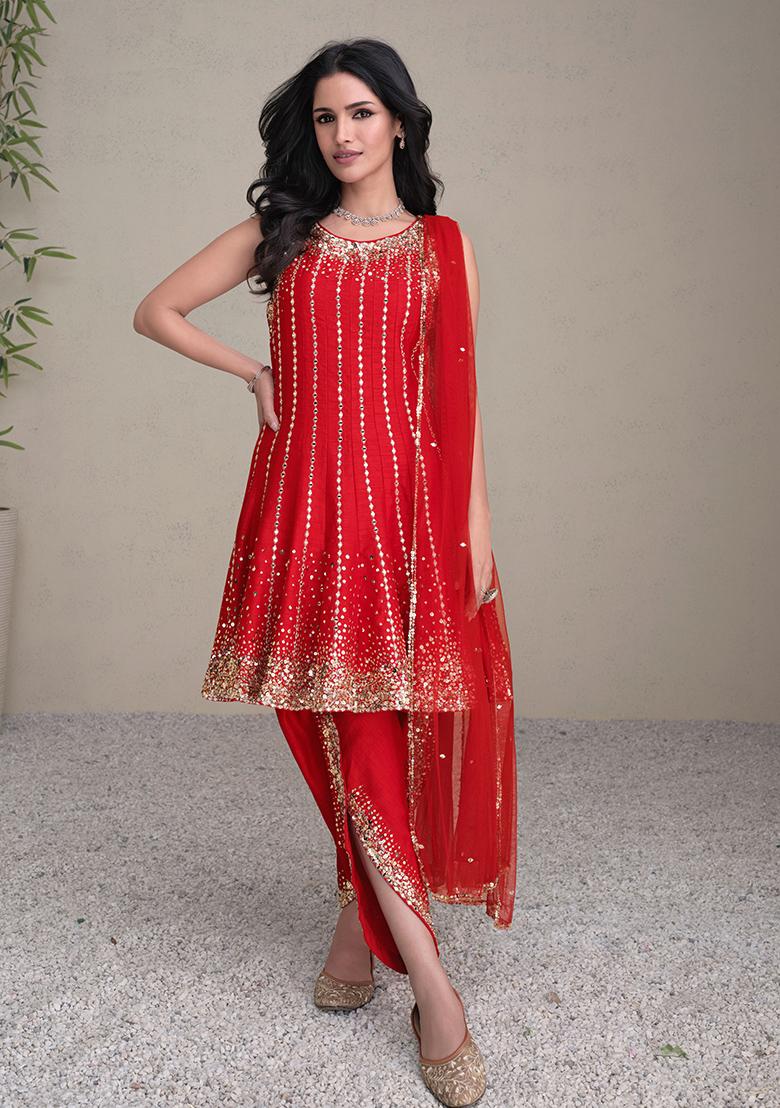 Red Embroidered Silk Kurta Set