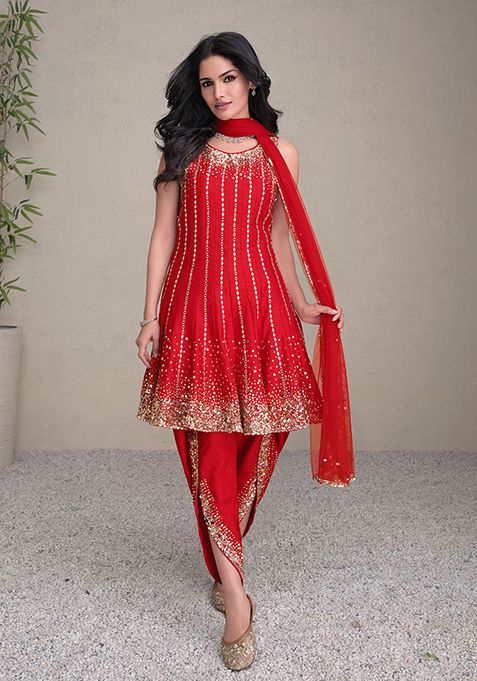 Red Embroidered Silk Kurta Set