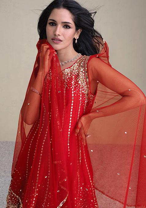 Red Embroidered Silk Kurta Set
