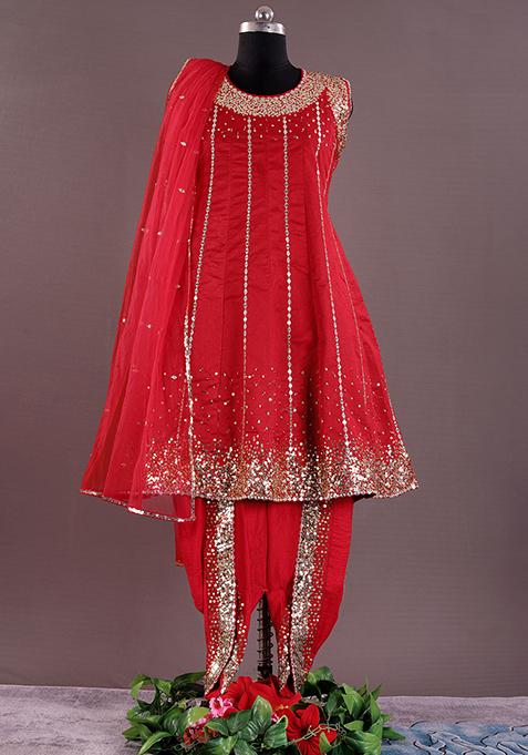 Red Embroidered Silk Kurta Set
