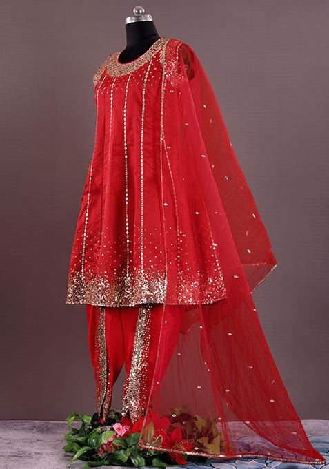 Red Embroidered Silk Kurta Set
