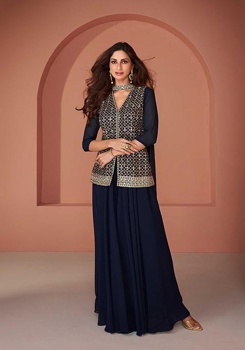 Blue Embroidered Georgette Sharara Set — view on Indya