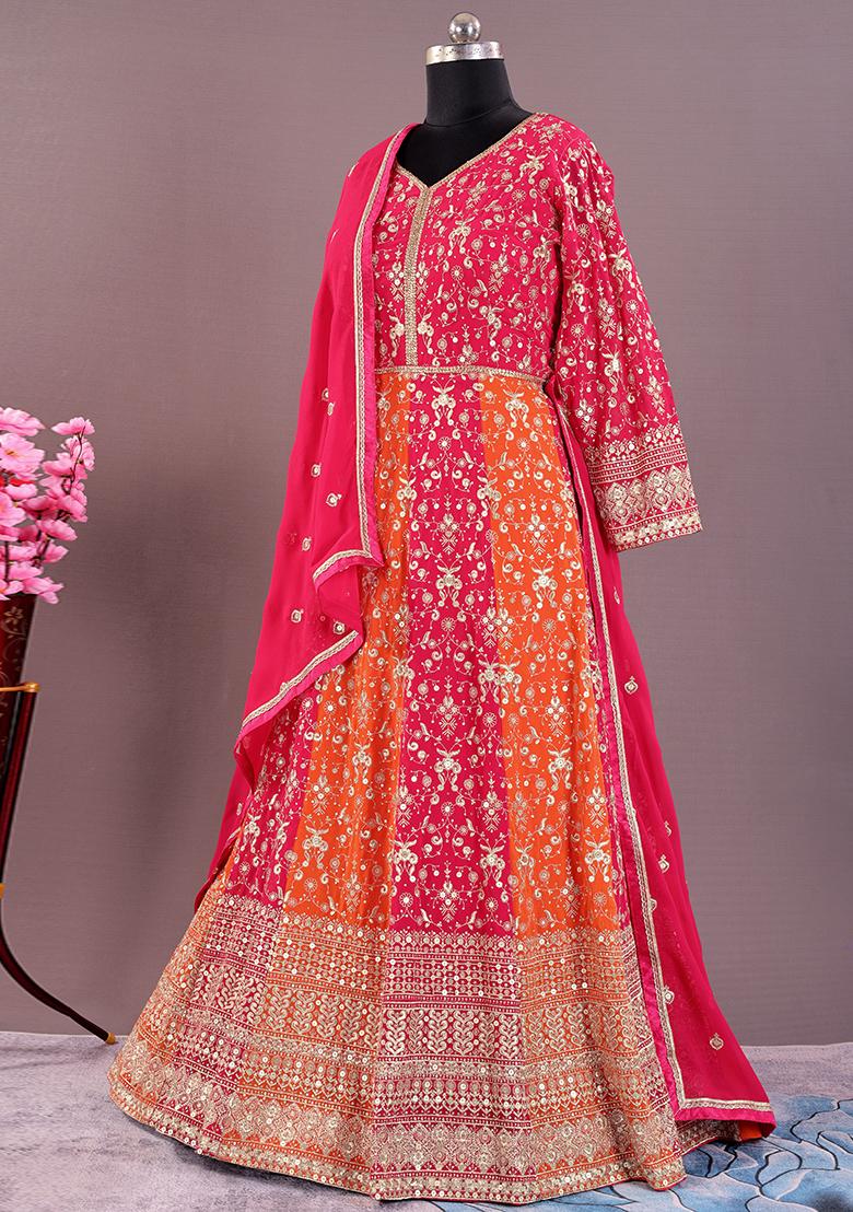 Pink And Orange Embroidered Georgette Kurta Set
