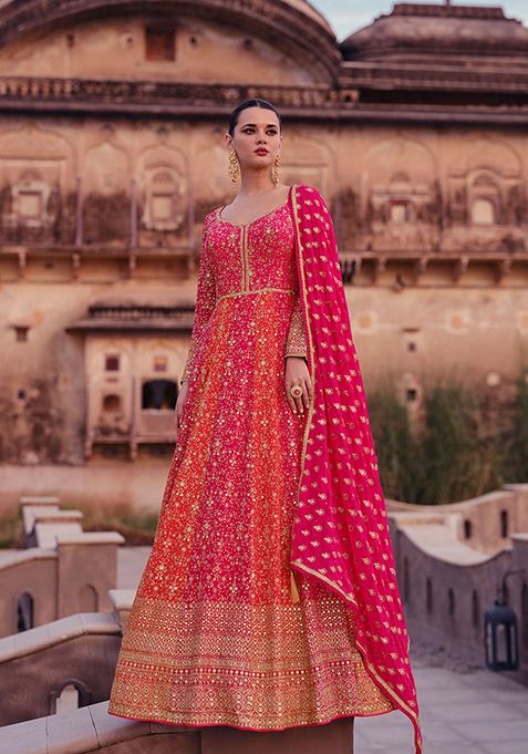 Pink And Orange Embroidered Georgette Kurta Set