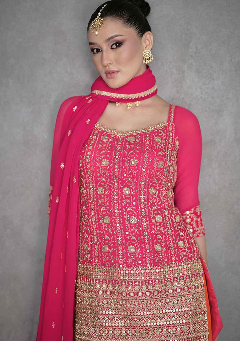 Pink Embroidered Georgette Kurta Set