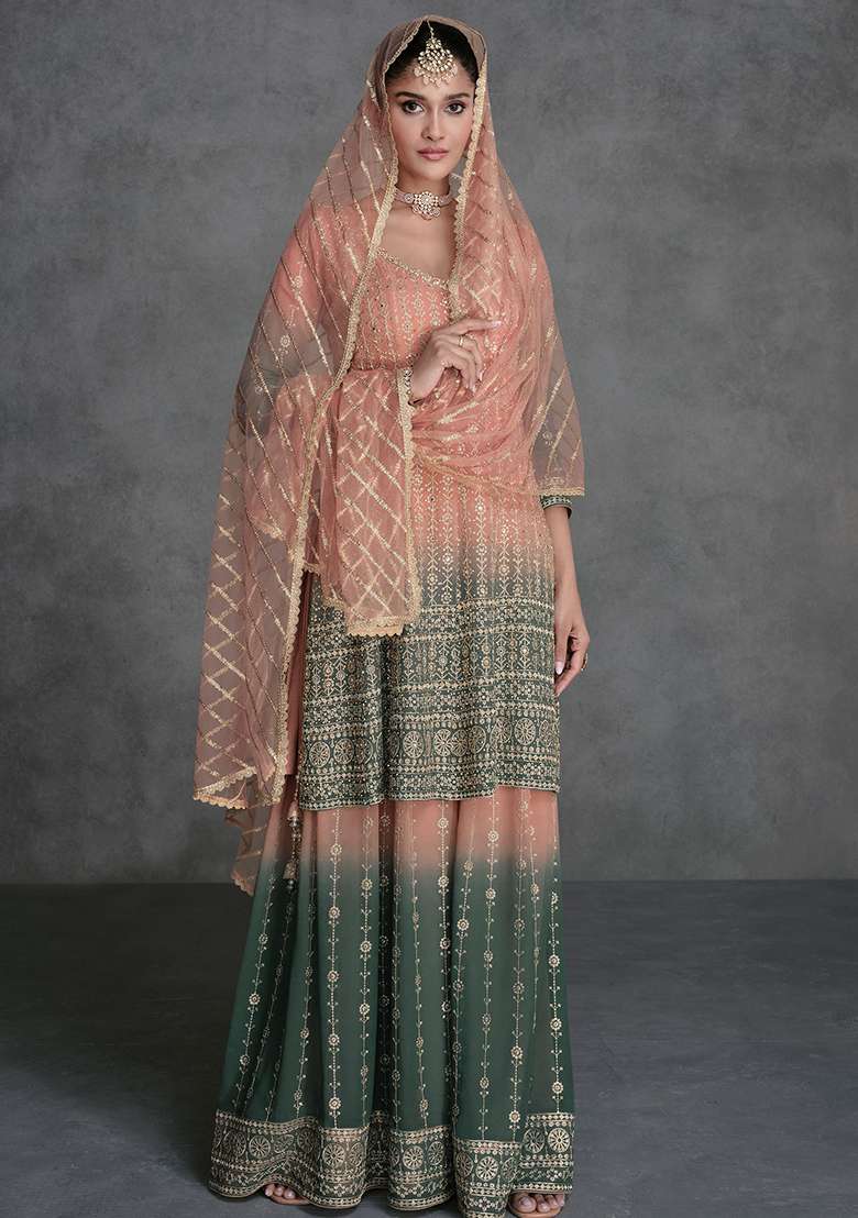 Peach And Green Embroidered Georgette Sharara Set - Indya