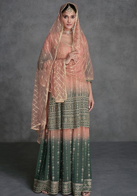 Peach And Green Embroidered Georgette Kurta Set