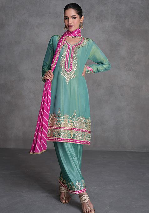 Pista Green Embroidered Organza Kurta Set